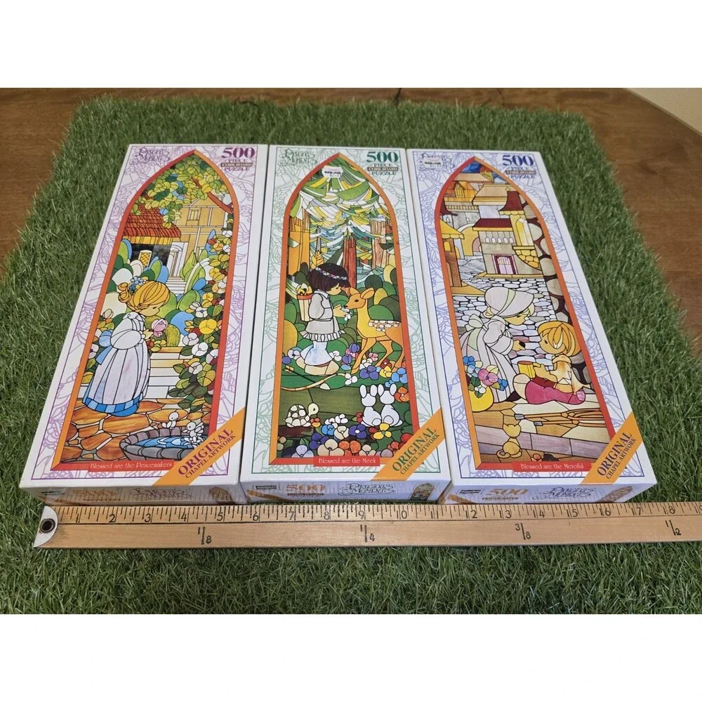 Lot Of 3 Vtg Precious Moments 500 Peace Puzzles Stained Glass New Sealed Chapel